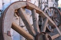 Old wooden wheel of the cart as a decoration for the room Royalty Free Stock Photo