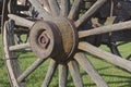 Old wooden wheel, hub, and axle Royalty Free Stock Photo