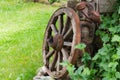 Old wooden wheel in willage near old wodden house Royalty Free Stock Photo