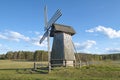 Old wooden windmill close-up. Mikhailovskoye