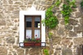 Old wooden window with flowers on stone wall Royalty Free Stock Photo