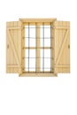 Old wooden window with open yellow lattice shutters. Vertical. Isolated on a white background Royalty Free Stock Photo