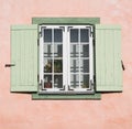 Old wooden window with opened shutter blinds Royalty Free Stock Photo