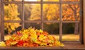 old wooden window and view to autumn backyard with yellow falling leaves