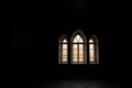 Old wooden windows in abandoned castle. Historical place.