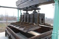 An old wooden wine press for pressing grapes Royalty Free Stock Photo