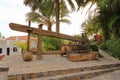 Old wooden wine press for pressing grapes to produce wine on la gomera, canary Islands, spain Royalty Free Stock Photo