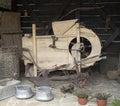 Old wooden winnowing machine and metal plow in Bulgaria Royalty Free Stock Photo