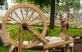 Old wooden worker spinning wheel traditional tools of seamstresses