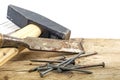 Old woodworker tools on rustic wood white background