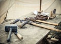 Old woodworking hand tool: wooden plane, chisel ax, sledgehammer, hammer and in a carpentry workshop on dirty rustic Royalty Free Stock Photo