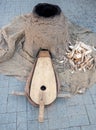 Old woodworking hand tool: wooden plane, chisel ax, sledgehammer, hammer and in a carpentry workshop on dirty rustic