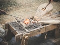 Old woodworking hand tool: wooden plane, chisel ax, sledgehammer, hammer and in a carpentry workshop on dirty rustic