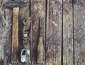 Old woodworking tools lie on a wooden surface. Royalty Free Stock Photo