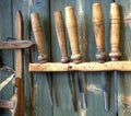 Old woodworking tools on wall Royalty Free Stock Photo