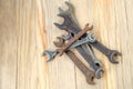 Old work tools spanner, wrench on a wooden table. Royalty Free Stock Photo