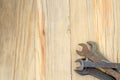 Old work tools spanner, wrench on a wooden table. Royalty Free Stock Photo