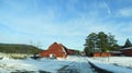 Old working iconic red barn farmstead in NYS FLX winter Royalty Free Stock Photo