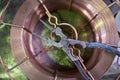 old working strong steel pliers for working on metal in the shop of the plant lie on a coil of copper wire of a large Royalty Free Stock Photo