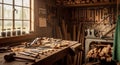 Old workshop interior with woodworking tools hanging on wall and wooden workbenches with equipment Royalty Free Stock Photo