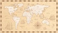 Old world map flat vector illustration. Ancient parchment with countries and oceans names. Vintage document with Royalty Free Stock Photo