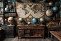 Old-world map room with globes and antique navigation tools