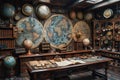 Old-world map room with globes and antique navigation tools