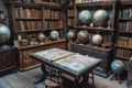 Old-world map room with globes and antique navigation tools