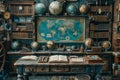 Old-world map room with globes and antique navigation tools