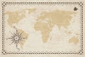 Old world map. Vector paper texture with border frame. Wind rose. Vintage vautical compass. Retro design banner Royalty Free Stock Photo