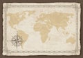 Old world map. Vector paper texture with border frame. Wind rose. Vintage vautical compass. Retro design banner