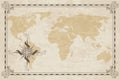 Old world map. Vector paper texture with border frame. Wind rose. Vintage vautical compass. Retro design banner