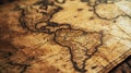 Old world map on vintage wooden table, worn rare paper, background for journey theme. Concept of antique, America, history,