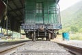 Old-world transportation images of close-up rear of passenger carriage Royalty Free Stock Photo