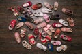 Old worn baby (child, kid) shoes on the floor.top view. flat lay Royalty Free Stock Photo