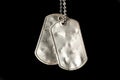 Old and worn blank military dog tags isolated black