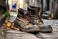 Old Worn Boots on Cobblestone.