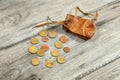 Old worn brown leather coin pouch, with euro coins spilled on g