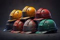 Old and worn colorful construction helmets. Generative AI