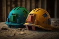 Old and worn colorful construction helmets. Generative AI