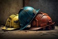 Old and worn colorful construction helmets. Generative AI