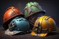 Old and worn colorful construction helmets. Generative AI