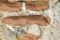 Old Worn Down Brick Wall with Plaster and Moss. Grunge Red Stonewall Background, Texture. Shabby Building Facade Royalty Free Stock Photo