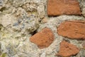Old Worn Down Brick Wall with Plaster and Moss. Grunge Red Stonewall Background, Texture. Shabby Building Facade Royalty Free Stock Photo