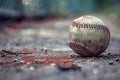 Old worn leather baseball on wood with light Royalty Free Stock Photo