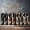 Old, worn men\'s shoes standing in a single row against a wall Royalty Free Stock Photo