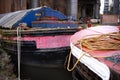 old worn out canal barges with rusty hulls and peeling paint Royalty Free Stock Photo