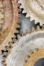 Old worn out gear cogwheels with rust on scratched background. h