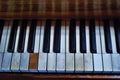 Old worn out piano close up of missing keys