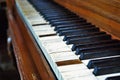 Old worn out piano close up of missing keys